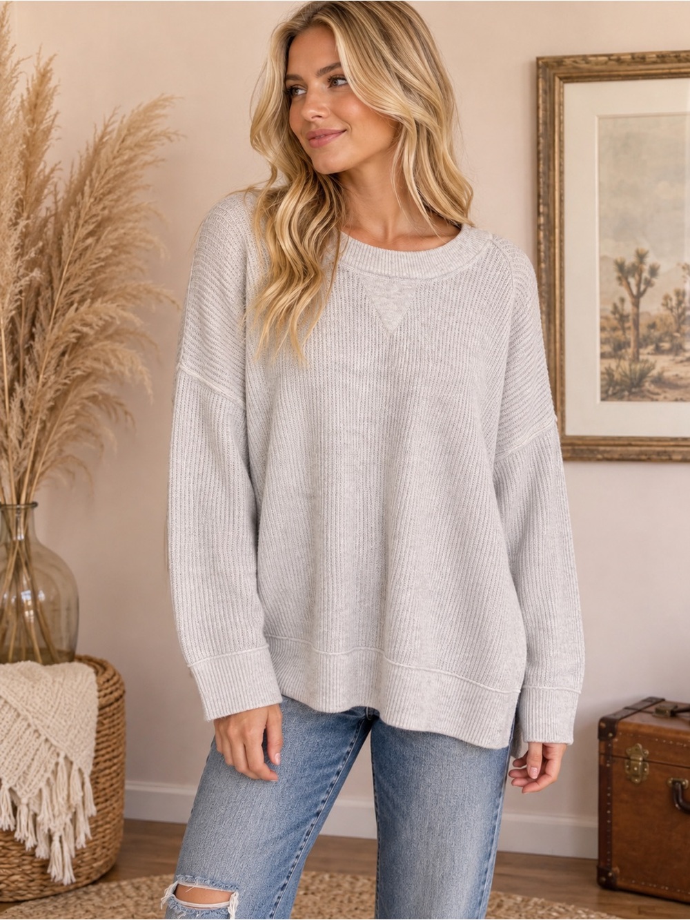 aerie Light Gray Ribbed Crewneck Sweater